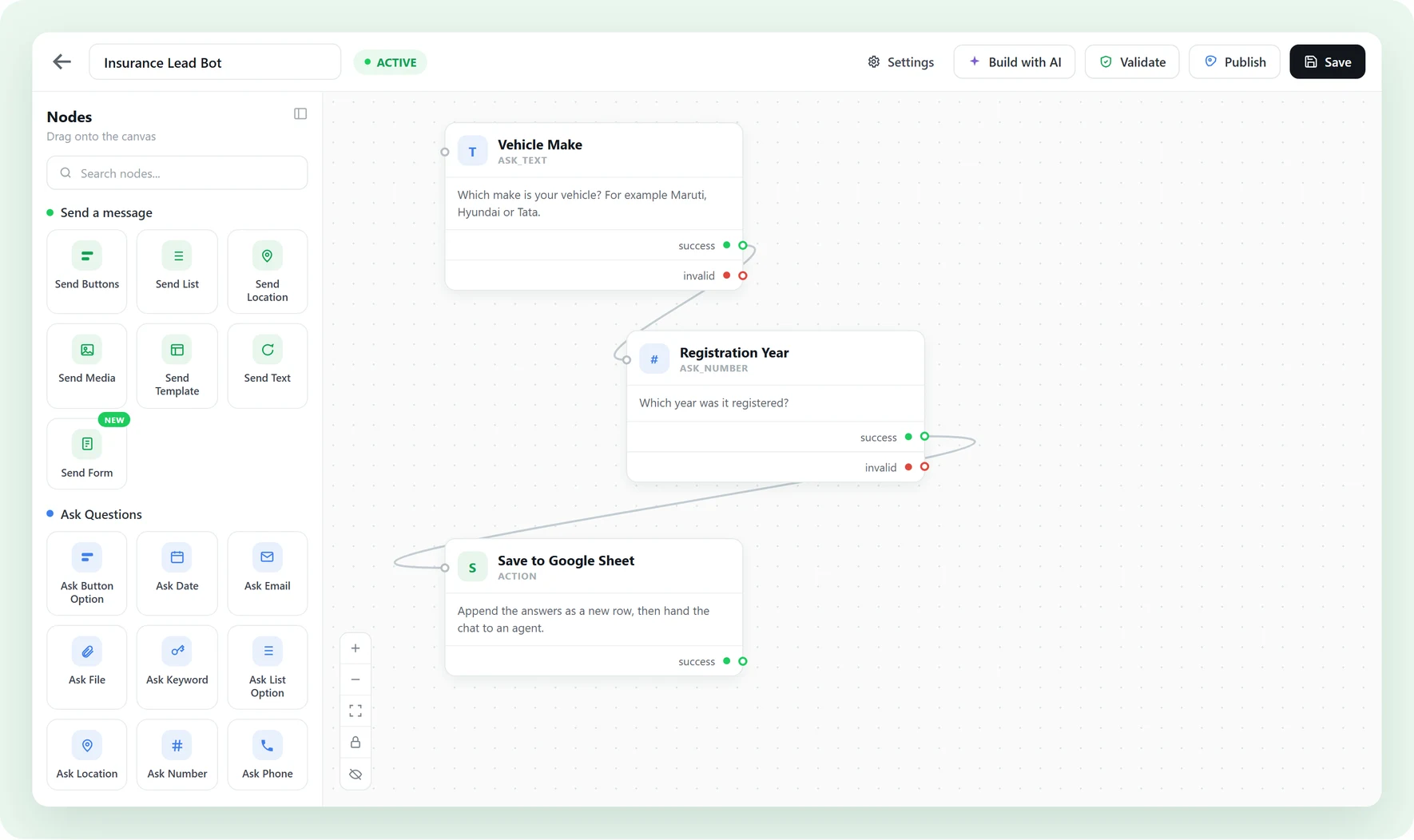 The Waplify flow builder with a chatbot conversation mapped out as connected nodes on a canvas