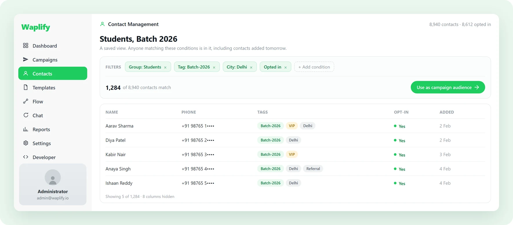 The Waplify contacts screen with saved segments and tags listed beside each contact