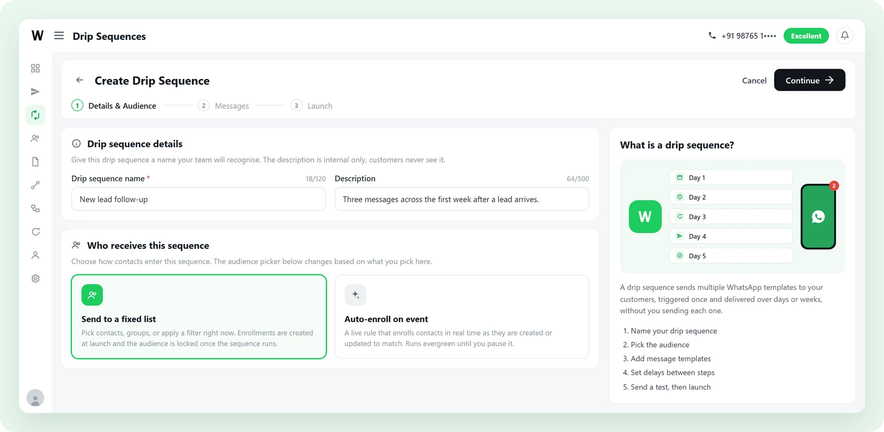 The Waplify follow-up builder showing a series of scheduled messages