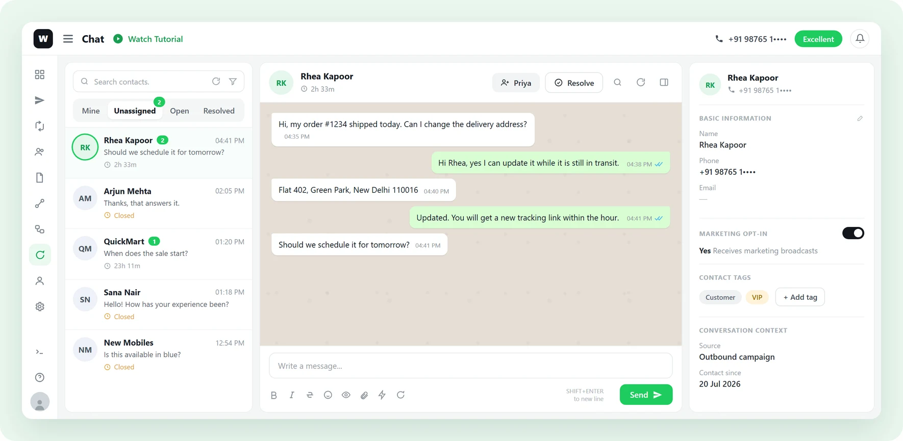 The Waplify shared team inbox with a conversation assigned to an agent and the chat history beside it