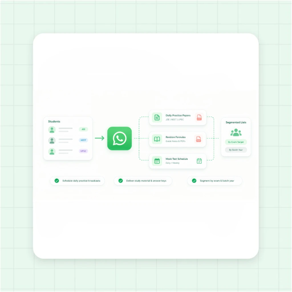 Automated WhatsApp Daily Practice Paper and Quiz Broadcast Flow for JEE, NEET & UPSC Aspirants