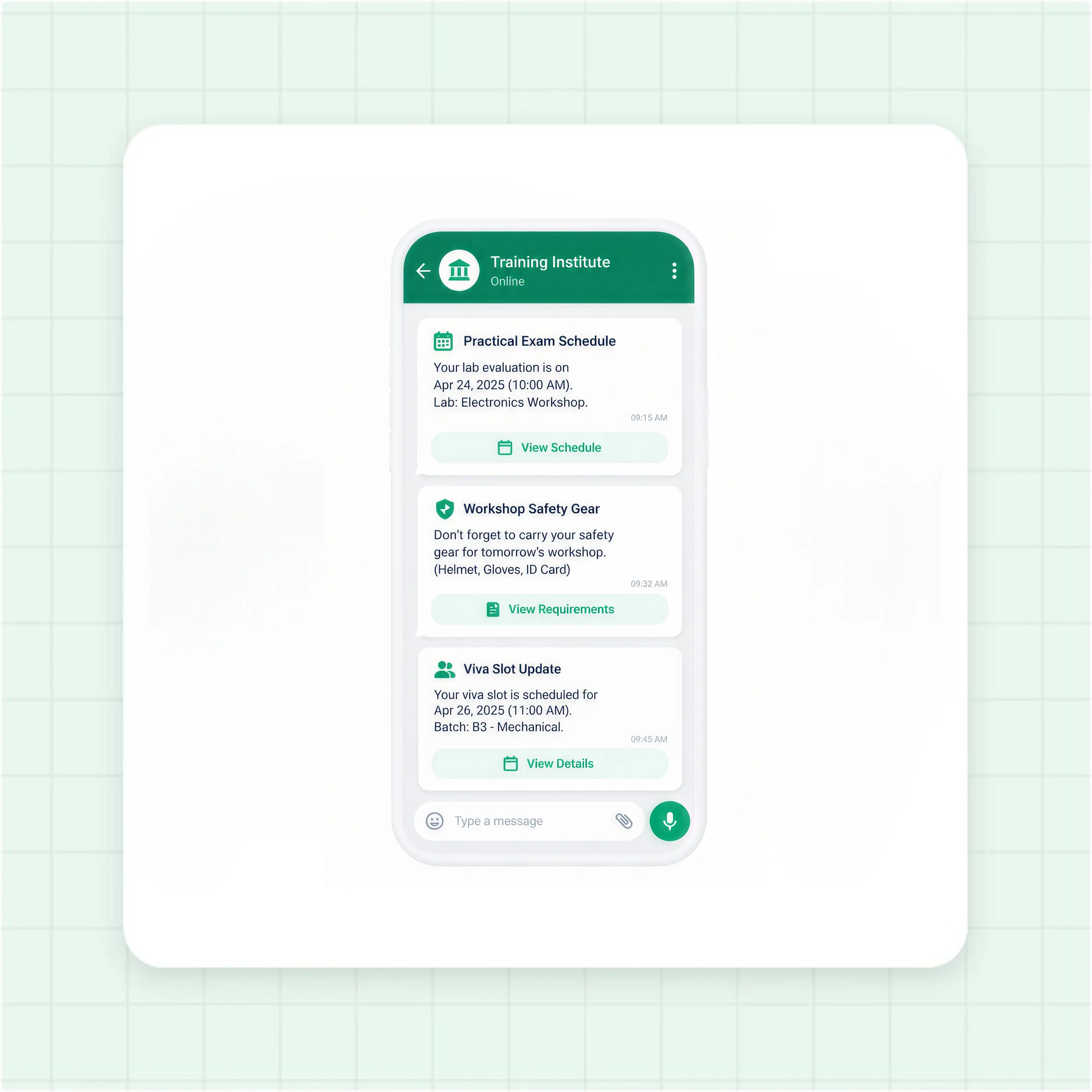 Practical Exam Timetable and Workshop Schedule Flow on WhatsApp